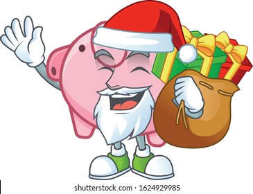 Santa piggy bank Cartoon character design having box of gift