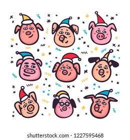 Santa Pigs. Funny pigs with santa hats. 2019 Chinese New Year symbol. Doodle style characters for greeting cards, print, icon, sticker. Vector illustration