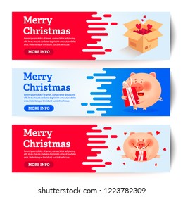 Santa pigs with gift banners. The year of the pig. Holiday greeting card. Isolated vector illustration.