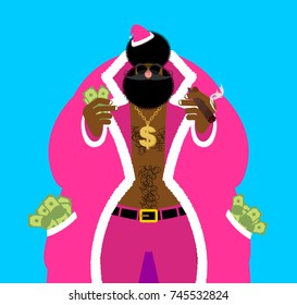 Santa pimp and money. Bad Claus gigolo. Pocket full of cash. Bright clothing and cigar. Gold dollar chain jewelry necklace. Bully for Christmas and New Year