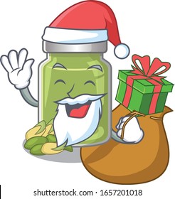 Santa pistachio butter Cartoon character design having box of gifts
