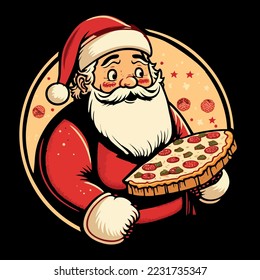 Ilustración de personajes de Santa y pizza navideña. Pizza, trippy sonrisa sonriente cara, impresión en camiseta, logo vectorial concepto.