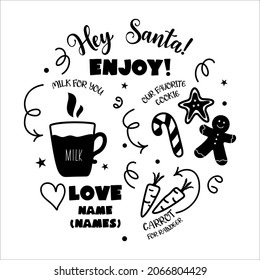 Santa plate design with place for milk, cookies, carrot for raindeer. Vector Christmas  tray template. Home decoration. Black color