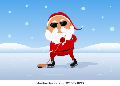 Santa playing ice hockey. Vector illustration.