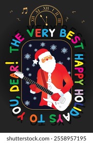 santa playing on guitar congratulation holidays card with golden wall clock