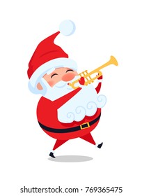 Santa playing on trumpet, cute Christmas Father plays on musical instrument, vector illustration postcard with cartoon character isolated on white
