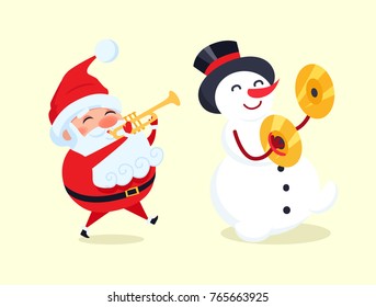 Santa playing on trumpet, snowman with drum ?ymbal musical instrument vector illustration with cartoon winter characters isolated on white background