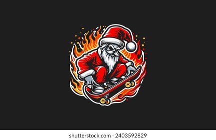 santa playing skateboard background flames vector flat design
