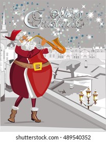 Santa plays the trumpet, blowing snowflakes, on the roof. Christmas greeting card background poster. Holy Night. Vector illustration.