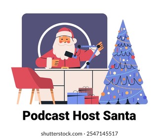 Santa podcasting Christmas theme microphone gifts tree studio setup festive colors