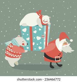 Santa and polar bear carrying a gift.Vector illustration