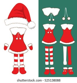 Santa Pompom Hat and Woman Outfit. Gloves , Red and White Stripe Socks and Boots. Christmas Costume Set. Vector Illustration. isolated on White Background.