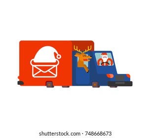 Santa post car. Claus and deer carry mail from children. Happy New Year. Christmas vector illustration
