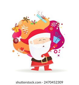Santa postcard design. Drawing of Santa Claus juggling christmas stuff on aquarelle background. Can be used for topics like Christmas, holiday, festival, cartoon