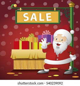 Santa with a poster on sale. Vector.