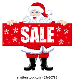 Santa with a poster on sale. Vector.