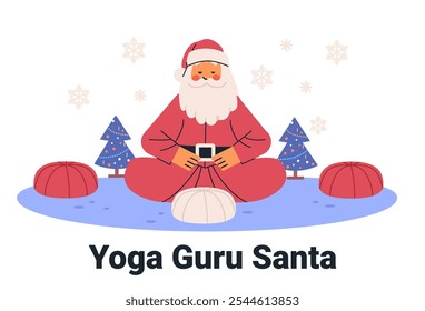 Weihnachtsmann praktiziert Yoga-Meditation mit Schneeflocken und dekorierten Bäumen in einer Winterszene festliches Design für Urlaub Grußkarte oder Banner