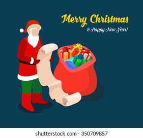 Santa with present gift wish list Merry Christmas flat 3d isometry isometric web vector illustration. Santa Claus with bag full of presents. Winter holiday post card banner template.