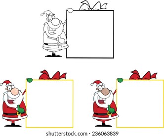 Santa Presenting Big Gift Sign. Vector Collection Set