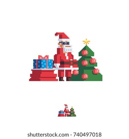 Santa with presents bag and christmas tree. Pixel art style. isolated vector illustration.