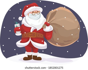 Santa with presents bag in the mask and antiseptic