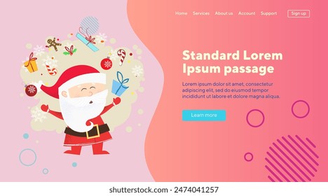 Weihnachtsmann mit Geschenken und Weihnachtskugeln. Vektorillustration vom Weihnachtsmann, der mit Weihnachtsmusiken jongliert. Weihnachtsmusiken, Urlaubskonzept für Banner oder Landing Page