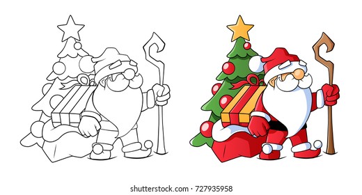 Santa with presents and christmas tree. Children's coloring book page. Vector EPS10