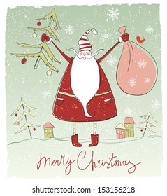 Santa with presents. Santa Claus on Christmas card. Happy new year background 