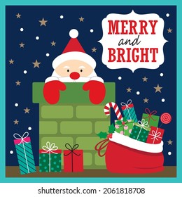 Santa and presents on the chimney for christmas card, gift bag or box design