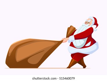 Santa pulling bag with gifts. Merry Christmas