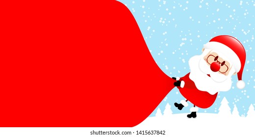 Santa Pulling Gift Bag Backwards Right Side Forest Blue