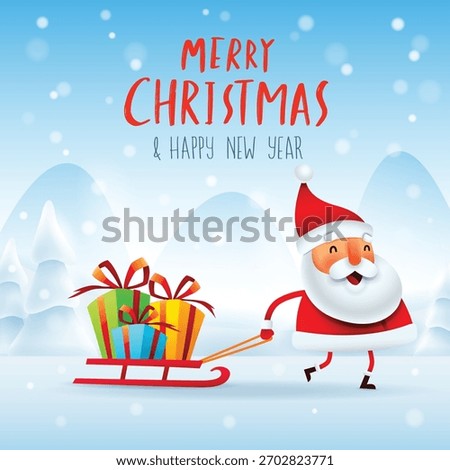 Santa pulling a sled with Christmas gift on snow scene