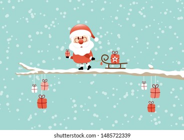 Santa Pulling Sleigh With Gift On Bough Turquoise