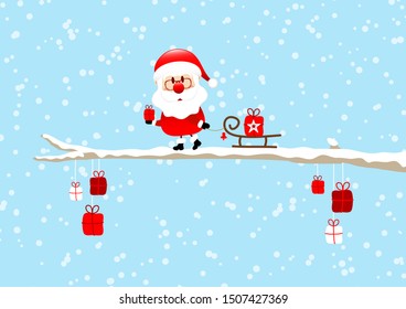 Santa Pulling Sleigh With Gift On Bough Light Blue