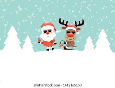 Santa Pulling Sleigh With Reindeer Sunglasses Snow And Forest Turquoise