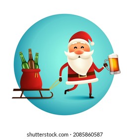Santa pulling a sleigh with a sack of beer bottles. Holding beer mug in a hand. Christmas greeting card or poster for pub