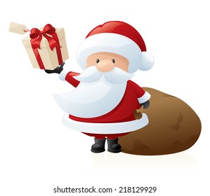 Santa pulls a gift out of his sack.