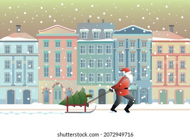 Santa pulls his sleigh with a Christmas tree on a snowy street in the old town. Christmas greetings. 