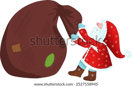 Santa pulls an unsightly huge bag of gifts. Vector illustration santa is trying to lift a bag of huge gifts. the bag is covered with patches
