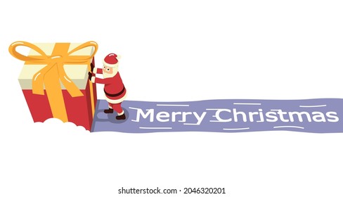 Santa is pushing a giant gift in the snow. Santa Claus with huge gift and Merry Christmas greetings. 