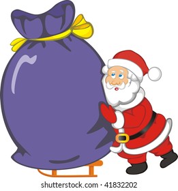 santa pushing on the sack
