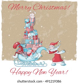 Santa pushing sleigh full of presents and with the reindeer in the snow