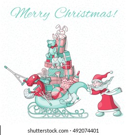 Santa pushing sleigh full of presents and with the deer in the snow