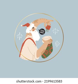 Santa puts a gift in a sock. Phrase clean work. Happy New Year, Merry Christmas. Giving of gifts, presents, miracle, Daily routine of Santa Claus before Christmas. Flat style in vector illustration.