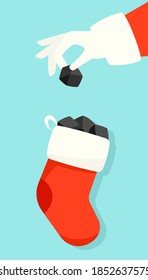 Santa puts lump of coal in christmas stocking illustration. Clipart image.