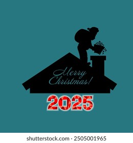 Santa puts a present down the chimney. Happy New Year 2025 card. hand drawing. Not AI, Vector illustrations