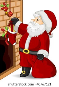 Santa putting gift in stocking - Vector