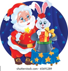 Santa and Rabbit. Greeting card with symbols of Christmas and New Year