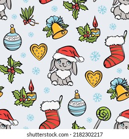 SANTA RABBIT New Year Decorations Cute Hare In Santa Hat Holiday Gifts Sweets Berries Bell Cookie Lollipop Christmas Sock Seamless Pattern With Snowflakes