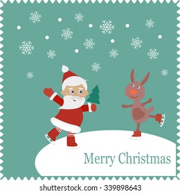 Santa and rabbit skates on snow.  Christmas cute card of new year, merry christmas